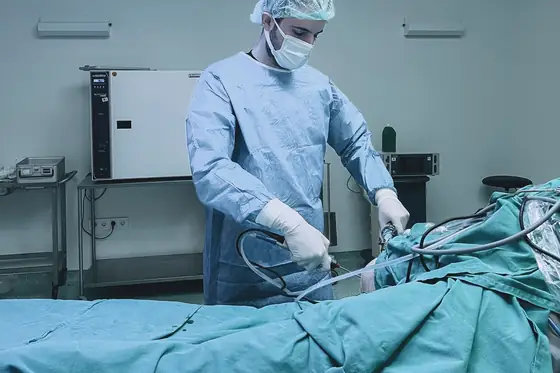 A gowned clinician working at an endoscopy stack in a procedure room