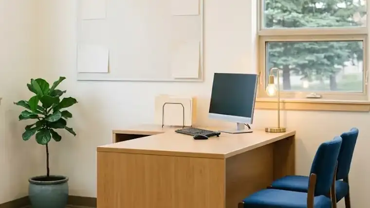 A small office with a light wooden desk, two visitor chairs and a window looking onto spruce trees